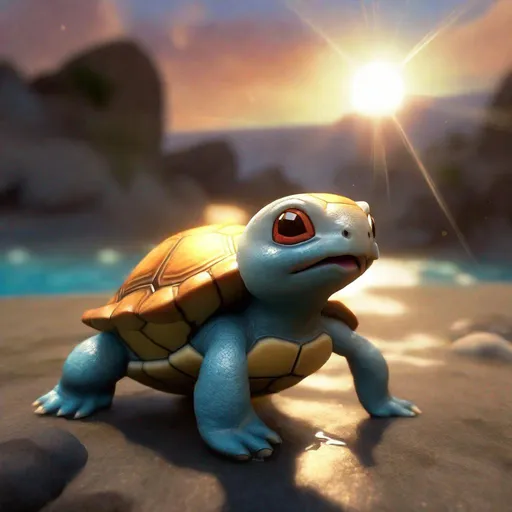 Prompt: Photorealistic Squirtle, Gorer, Real Black Beady Eyes, Furry, God Rays, Sunset in the background, Fuzzy