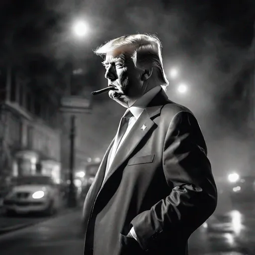 Prompt: Donald Trump under Street light, Detective Clothes, Black and White, Smoking Cigar, White Smoke on Cigar