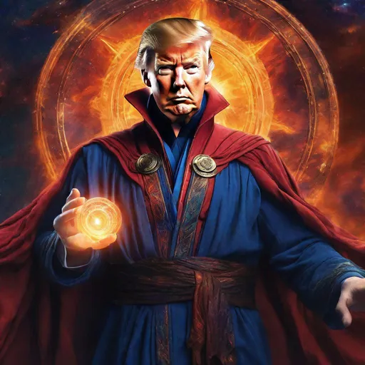 Prompt: Donald Trump, Doctor Strange Robe, Casting Spells, Space Sunset, Cool Colors, Hyperrealistic, galaxy