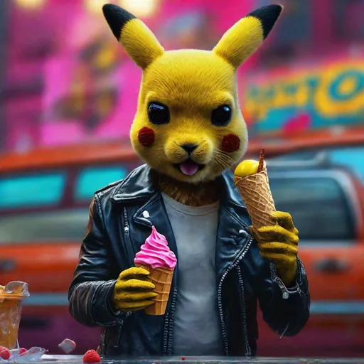 Prompt: The Terminator eating ice cream in a cone with Pikachu, vibrant colors, photorealistic