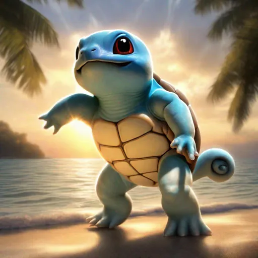 Prompt: Photorealistic Squirtle, Gorer, Real Black Beady Eyes, Furry, God Rays, Sunset in the background, Fuzzy