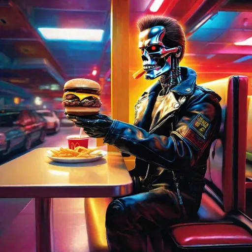 Prompt: The Terminator eating McDonalds Burger, sitting in a booth, vibrant colors, vibrant, god rays, photorealistic