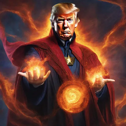 Prompt: Donald Trump, Supreme Wizard, Casting a Fireball Spell, Wearing a Cloak and Robe, Sunset, Cool Colors, Hyperrealistic, Secret Society, Doctor Strange Mystic Arts