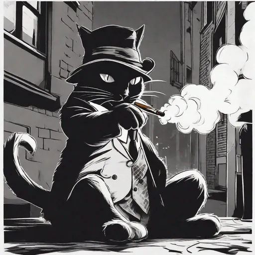 Prompt: Black Cat under Street light, Detective Clothes on Cat, Black and White, Smoking Cigar, White Smoke