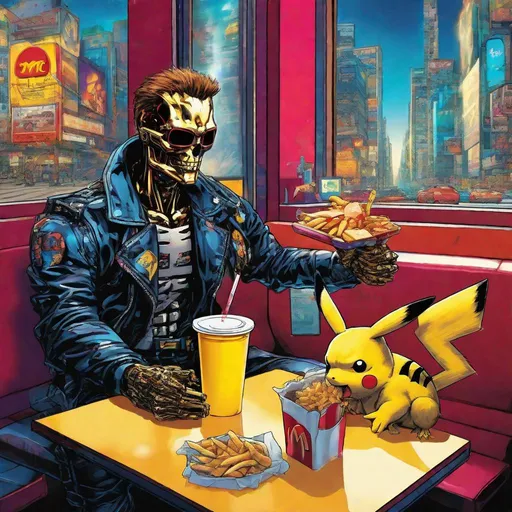 Prompt: The Terminator eating McDonalds with Pikachu, sitting in a booth, vibrant colors, vibrant, god rays, 