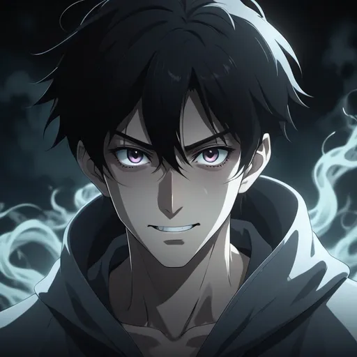 Prompt: Anime character, man, evil, smile, black hair, black eyes, ghost style, 4k, anime