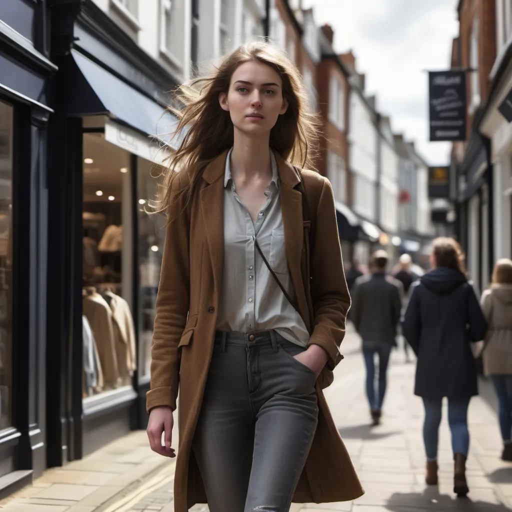 Prompt: Tall young woman walking down the high street, detailed clothing, realistic, natural lighting