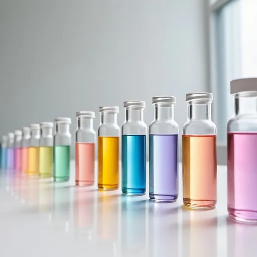 Prompt: a line of medical phial streching to the horizon on white table with pastel rainbow reflection on the table