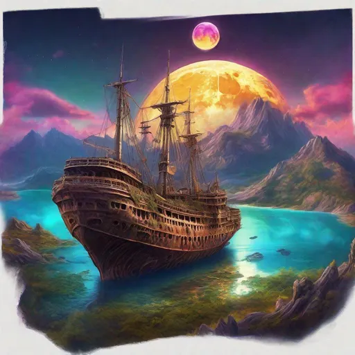 Prompt: Fantasy planet landscape with ship and moon, beautiful, colorful, fantasy art, digital painting, hyperrealism, hyperdetailed, landscape, photorealistic, psychedelic, radiant,  vibrant,  island, abandoned ship, below mountain with city on it has a mountain in the background, with a city carved in it, and the vibrant moon behind it