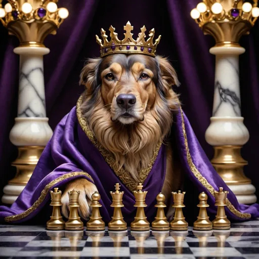 Prompt: Rex playing chess on a marble board, regal and intelligent presence, intricate metallic chess pieces, golden crown, royal purple robe, intense focus, dramatic lighting, high quality, realistic, royal, intricate details, grand, majestic, strategic, opulent, dramatic lighting