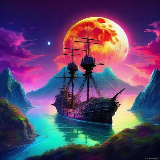 Prompt: Fantasy planet landscape with ship and moon, beautiful, colorful, fantasy art, digital painting, hyperrealism, hyperdetailed, landscape, photorealistic, psychedelic, radiant,  vibrant,  island, abandoned ship, below mountain with city on it has a mountain in the background, with a city carved in it, and the vibrant moon behind it