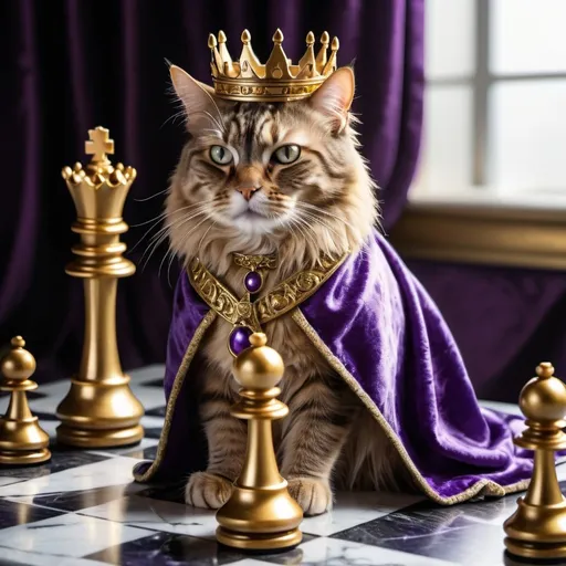 Prompt: Rex cat 
playing chess on a marble board, regal and intelligent presence, intricate metallic chess pieces, golden crown, royal purple robe, intense focus, dramatic lighting, high quality, realistic, royal, intricate details, grand, majestic, strategic, opulent, dramatic lighting