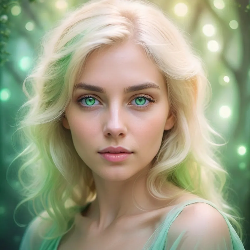 Prompt: A dreamy pastel portrait of a woman beauty  with green eyes
Blondie
wizard, enveloped in an ethereal atmosphere with a soft focus.