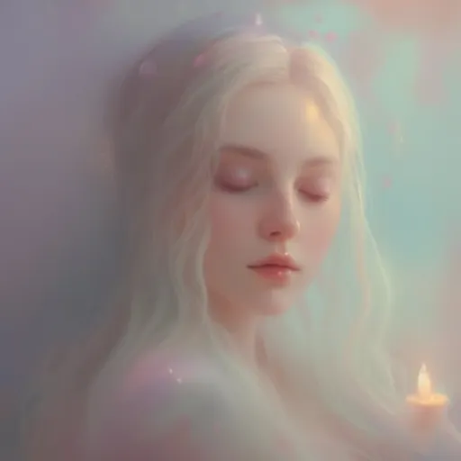 Prompt: A dreamy pastel portrait of a woman beauty 
wizard, enveloped in an ethereal atmosphere with a soft focus.