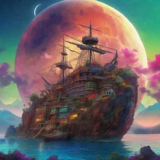 Prompt: Fantasy planet landscape with ship and moon, beautiful, colorful, fantasy art, digital painting, hyperrealism, hyperdetailed, landscape, photorealistic, psychedelic, radiant,  vibrant,  island, abandoned ship, below mountain with city on it has a mountain in the background, with a city carved in it, and the vibrant moon behind it