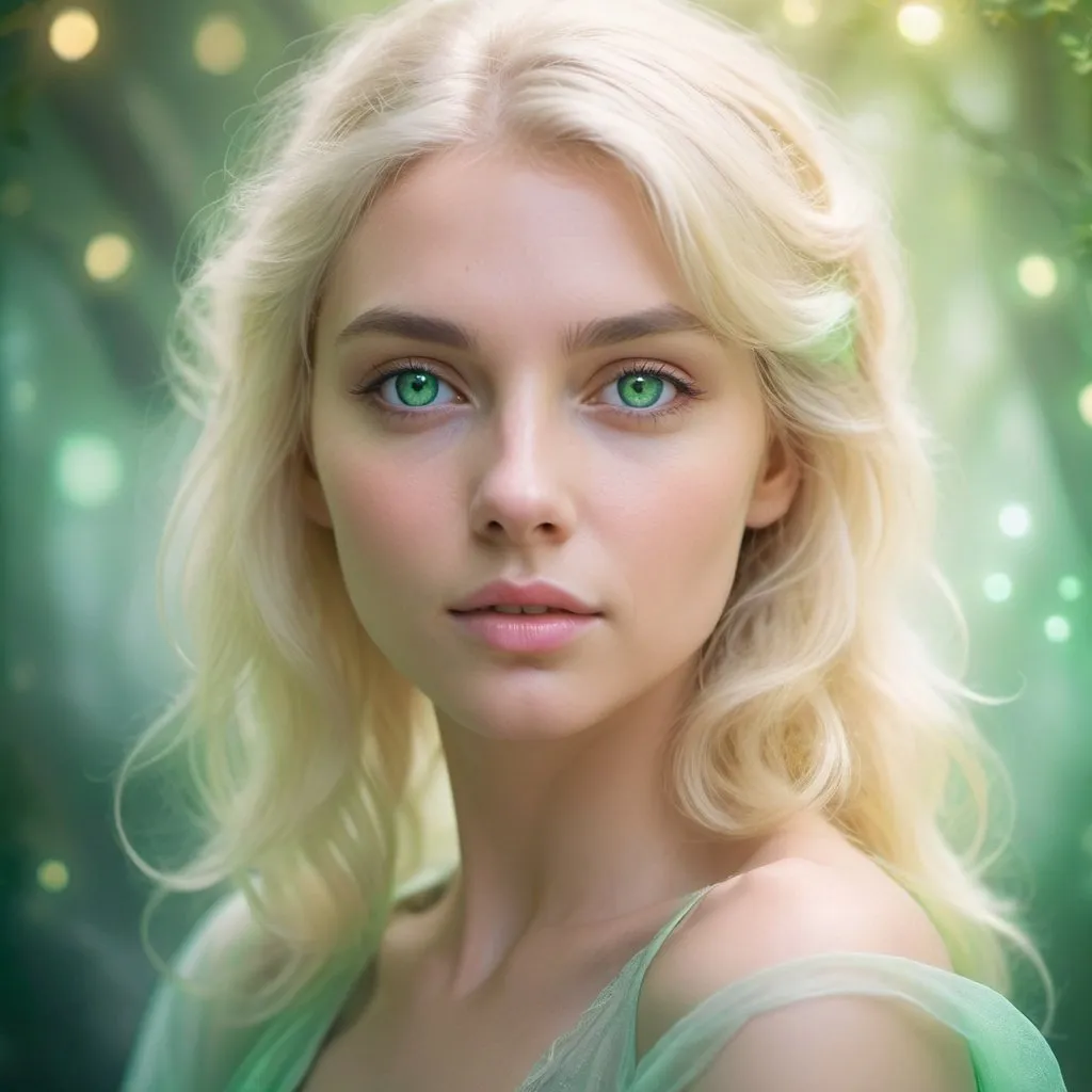 Prompt: A dreamy pastel portrait of a woman beauty  with green eyes
Blondie
wizard, enveloped in an ethereal atmosphere with a soft focus.