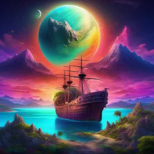 Prompt: Fantasy planet landscape with ship and moon, beautiful, colorful, fantasy art, digital painting, hyperrealism, hyperdetailed, landscape, photorealistic, psychedelic, radiant,  vibrant,  island, abandoned ship, below mountain with city on it has a mountain in the background, with a city carved in it, and the vibrant moon behind it