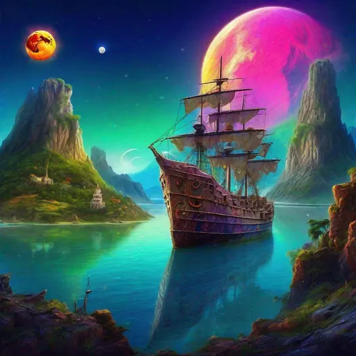 Prompt: Fantasy planet landscape with ship and moon, beautiful, colorful, fantasy art, digital painting, hyperrealism, hyperdetailed, landscape, photorealistic, psychedelic, radiant,  vibrant,  island, abandoned ship, below mountain with city on it has a mountain in the background, with a city carved in it, and the vibrant moon behind it