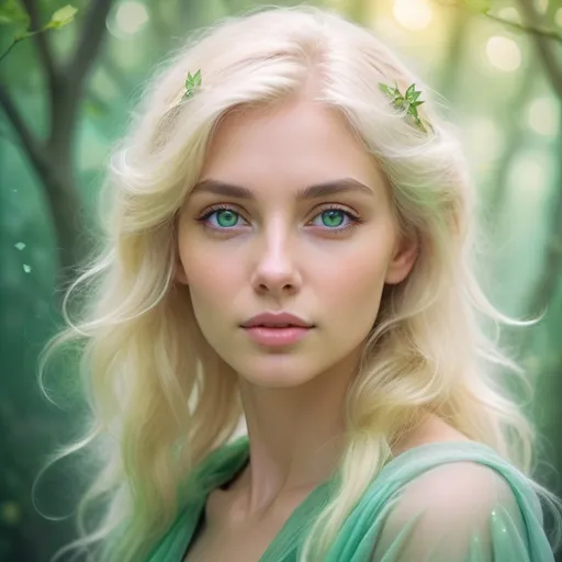 Prompt: A dreamy pastel portrait of a woman beauty  with green eyes
Blondie
wizard, enveloped in an ethereal atmosphere with a soft focus.