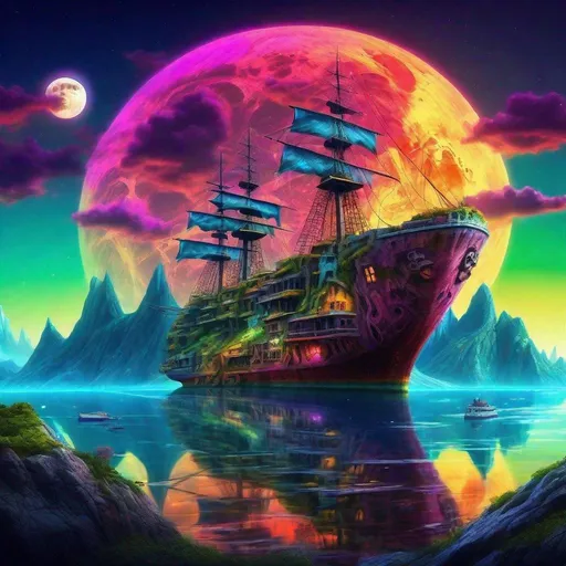 Prompt: Fantasy planet landscape with ship and moon, beautiful, colorful, fantasy art, digital painting, hyperrealism, hyperdetailed, landscape, photorealistic, psychedelic, radiant,  vibrant,  island, abandoned ship, below mountain with city on it has a mountain in the background, with a city carved in it, and the vibrant moon behind it