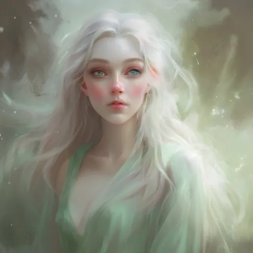 Prompt: A dreamy pastel portrait of a woman beauty  with green eyes
Blondie
wizard, enveloped in an ethereal atmosphere with a soft focus.