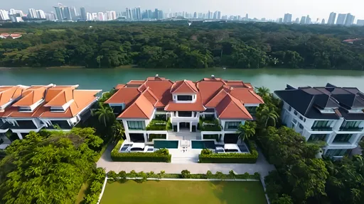 Prompt: Create a drone shot of multiple luxury houses in Singapore