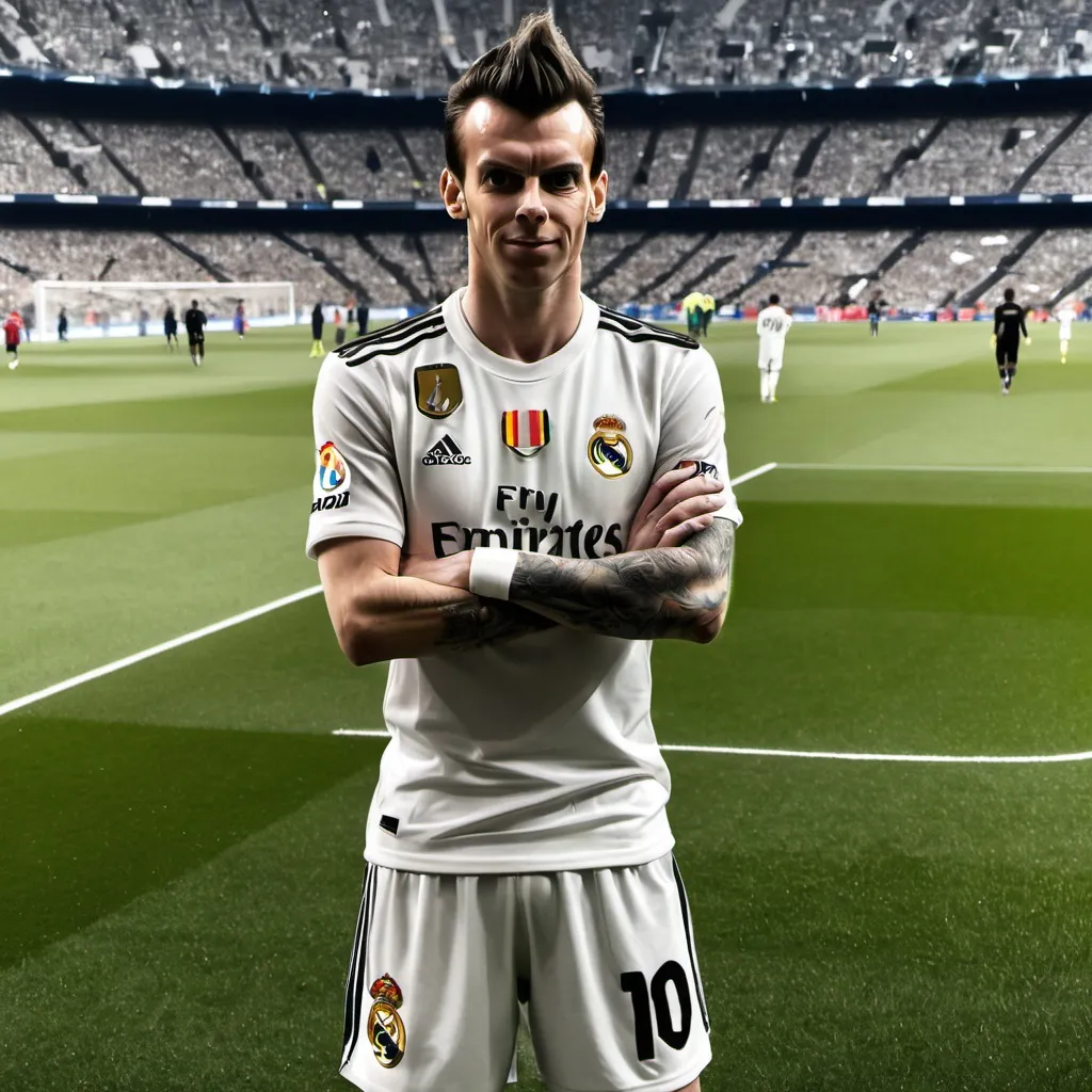 Prompt: I am wearing the Real Madrid team uniform And I am present at the Santiago Bernabeu stadium I'm doing my post-goal cheer that represents the military salute Vegeta, Bale, Messi, Vinicius and Rotaldo rejoice with me I have black eyes I am of average height