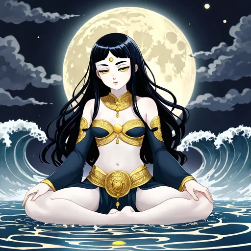 Prompt: full body shot of young girl goddess of the moon and waves (pp), she has long black hair in a hime cut style, oval eyebrows, pale skin, with golden eyes. Her power is fueled by her bladder so a large glowing full moon sits at her waistline below her navel, indicating her own inner water's (pp bladder) fullness as she meditates.