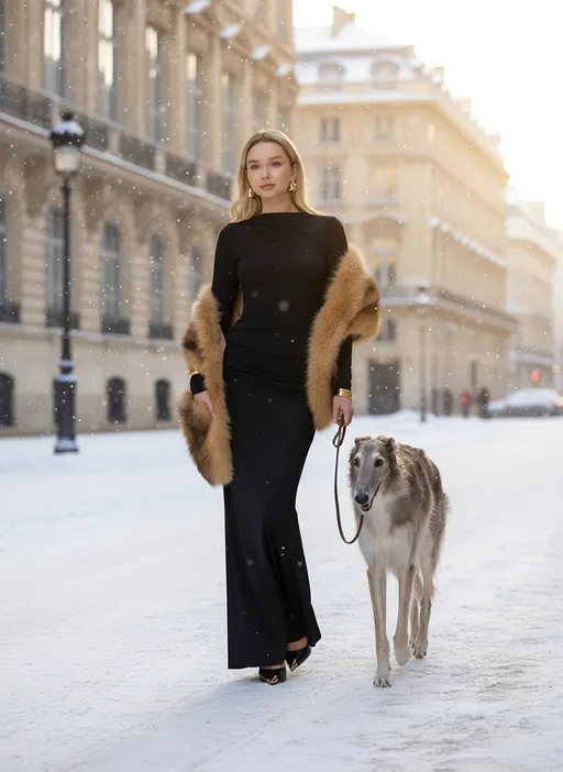 Prompt: Change the background of the image, leave the girl herself unchanged,just make her walk with a dog. A dog should be Russian greyhound. It is important that the main focus in the photo is on her dress, it should be clearly visible, and the girl should not be positioned too far away. Change the background from white to a beautiful street location. It should be in the background of the photo behind the girl's back, beautiful buildings,but the photo looks spacious. The sun's rays beautifully illuminate the location and fall on the girl's face. The weather is cold,it’s winter and snows,but show doesn’t overlaps the girl. The natural shadows from the girl make her look natural and she fits perfectly into the background. The shooting was done with a Canon R6 Mark2 camera. The photo quality is very high and the photo is super realistic. The photo is alive and the girl looks like a real person. Use the girl from the first photo,don’t use a girl from a second photo,that’s just a reference for the location. Use a background like in the second photo,but don’t use this filter of the camera,make the photo realistic. Leave the girl like in the first photo in that black dress.