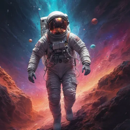 Prompt: A futuristic digital painting of an astronaut creating a journey through sound, vibrant and surreal colors, otherworldly atmosphere, dynamic energy, cosmic music flowing through space, high quality, digital art, futuristic, vibrant colors, surreal atmosphere, cosmic music, dynamic energy, astronaut, sound journey, otherworldly, digital painting, space exploration, detailed suit design, professional, cosmic lighting