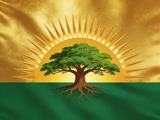 Prompt: The flag of this country is a bold and meaningful symbol of the nation’s identity. The background is split into two horizontal halves: the top half is a rich, shining gold, representing wealth, success, and the bright future of the country; the bottom half is a deep, vibrant green, symbolizing growth, nature, and prosperity for all citizens.

At the center of the flag is a rising sun, with golden rays spreading outward, signifying hope, new beginnings, and the energy of the nation. In front of the sun, there is a large, sturdy tree with wide-spreading branches and deep roots, colored in lush green and brown, symbolizing stability, life, and the growth of both the land and its people.

The flag’s design is clean but powerful, with each element representing a core value of the country: gold for wealth, green for growth, the sun for hope, and the tree for unity and strength. The overall effect is uplifting, inspiring pride in citizens, and clearly recognizable as the flag of a prosperous, thriving nation.