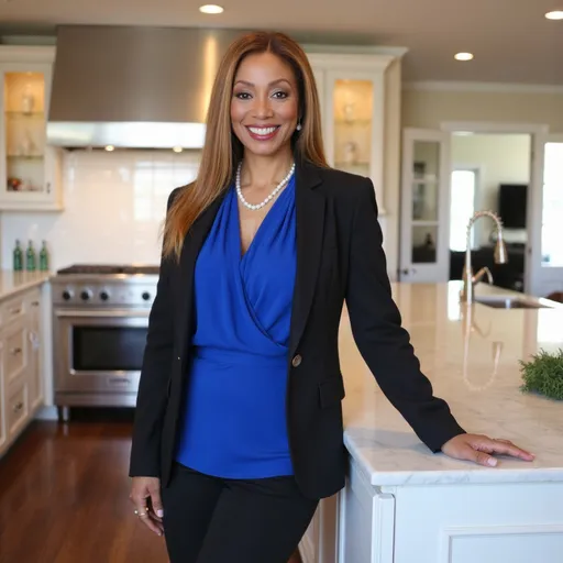 Prompt: @BM2eiig3xdSO5e3CX4r9 is standing in the beautiful gourmet kitchen by the counter. She is wearing a royal blue blouse with a black blazer and matching pants with black closed toe heels.