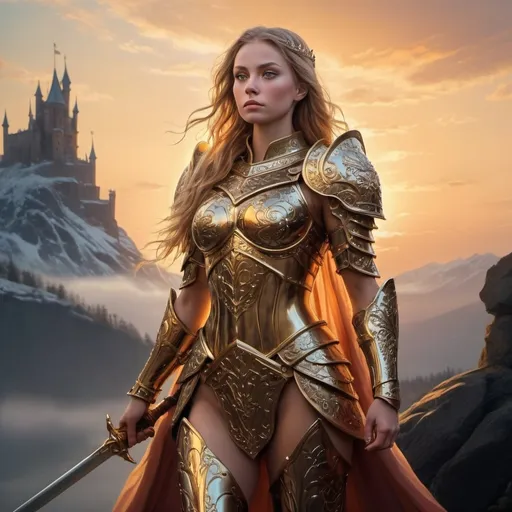 Prompt: nordic   princess in regal attire, standing tall, surrounded by an intricate landscape, large-muscled warrior clad in armor holding her protectively, balance of power in their posture, sunset casting a warm glow on the scene, silhouetted against a vibrant sky, golden light accentuating the texture of the warrior's armor and the princess's delicate garments, haunting sense of protection and alliance between the pair, digital painting, ultra-real