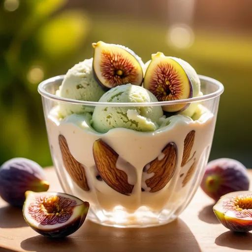 Prompt: Homemade vanilla ice cream cradled in a transparent plastic cup, interlaced with almond fragments and flecks of green fig, visual complexity, backlit with soft afternoon sunlight, vibrant contrast between the creamy ice cream and colorful inclusions, high detailed close-up, texture detail of almonds and fig pieces visible, shallow depth of field, bokeh background, visible condensation beads on cup exterior, ultra-realistic illustration, golden hour lighting, creamy bokeh background, UHD drawing