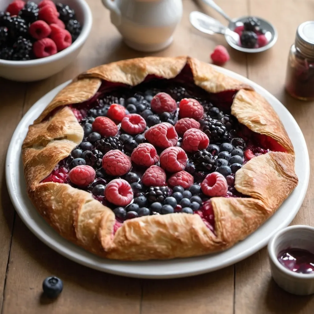 Prompt: As the warm summer breeze blows through the open window, the scent of freshly baked galette filled with wild berries wafts through the country kitchen.