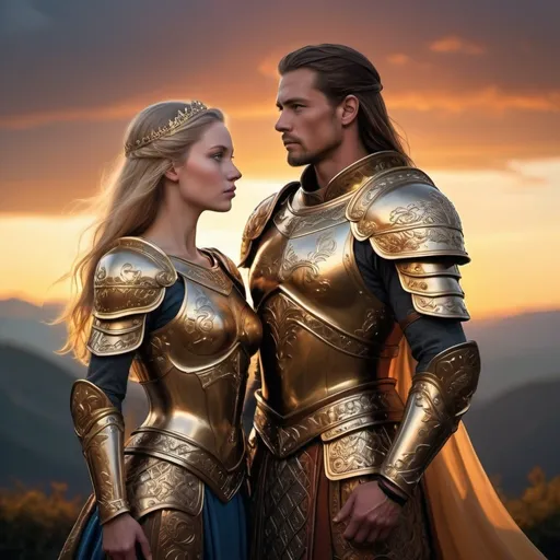 Prompt: nordic   princess in regal attire, standing tall, surrounded by an intricate landscape, large-muscled warrior clad in armor holding her protectively, balance of power in their posture, sunset casting a warm glow on the scene, silhouetted against a vibrant sky, golden light accentuating the texture of the warrior's armor and the princess's delicate garments, haunting sense of protection and alliance between the pair, digital painting, ultra-real