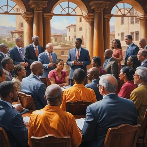 Prompt: Global economic justice illustration, realistic oil painting, diverse group of people in discussion, intricate details, high quality, realistic, detailed expressions, vibrant colors, natural lighting