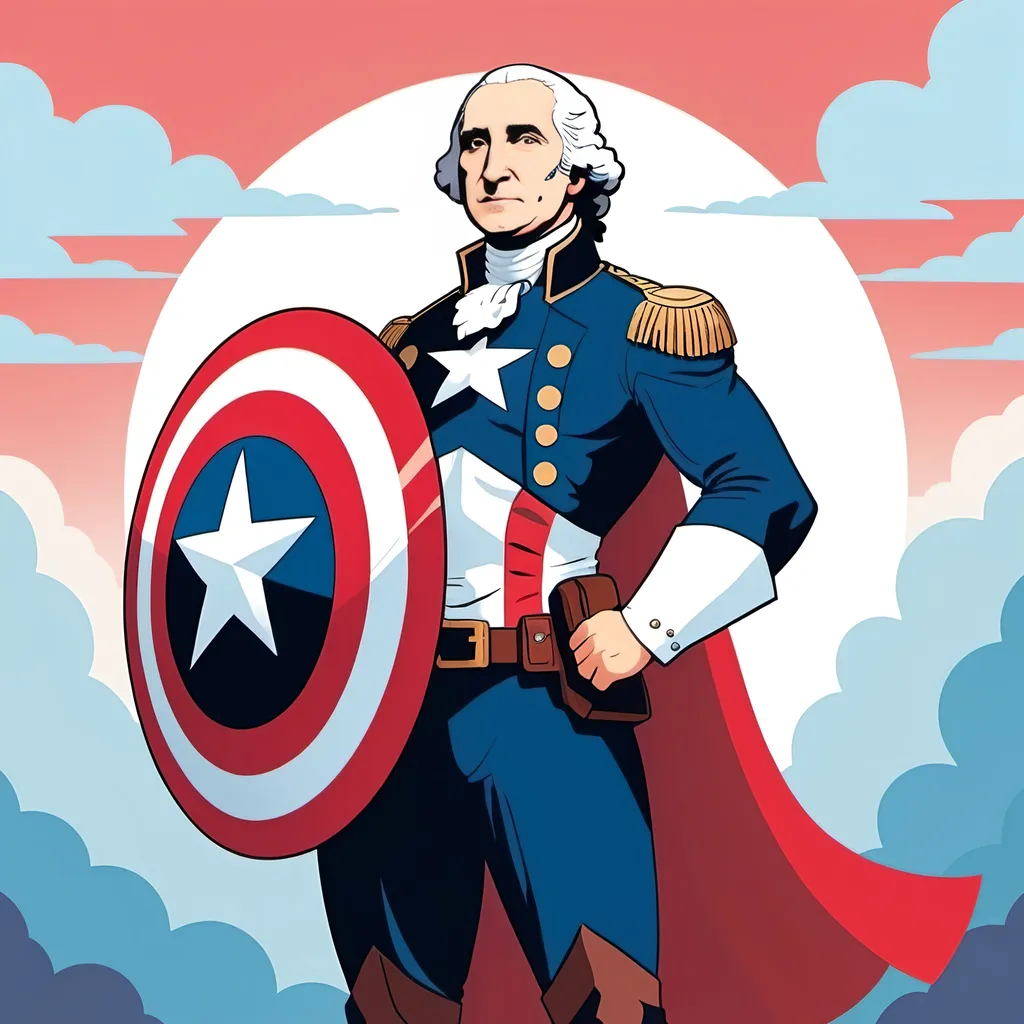 Prompt: 2d flat art, George Washington dressed in a modern captain america costume, holding captain America shield , vector art, cloudy day, cover art, bright colors, cute illustration