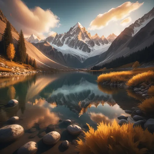 Prompt: "A stunning mountain landscape at golden hour, with towering snow-capped peaks bathed in warm, golden light. The foreground features a lush valley with a crystal-clear lake reflecting the towering mountains. Wisps of clouds hang low around the peaks, adding a sense of majesty and tranquility. Alternatively, imagine a serene beach at sunset with the sun dipping below the horizon, casting vibrant hues of orange, pink, and purple across the sky. Gentle waves lap at the sandy shore, with silhouetted palm trees swaying softly in the breeze, creating a peaceful and awe-inspiring scene."