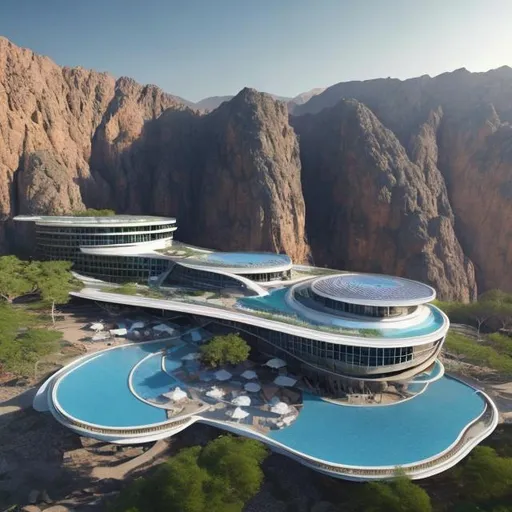 Prompt: Creat organic and futuristic and iconic design of a large hotel that climes a mountain in Neom and blends completely with the environment with helicopter landing swimming pools. The design has vertical masses that and is partially embedded into the mountain 