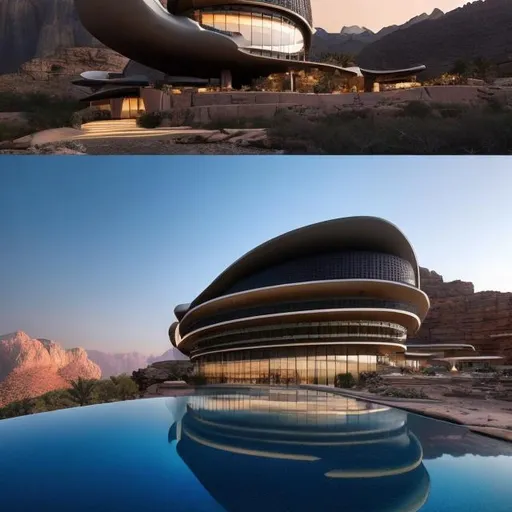 Prompt: Creat organic and futuristic and iconic design of a large hotel that climes a mountain in Neom and blends completely with the environment with helicopter landing swimming pools. The design of the building has vertical masses that and is completely embedded into the mountain 