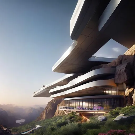 Prompt: Design an iconic and futuristic square hotel in Neom which is 50% imbedded into the mountain and hanging from a mountain.