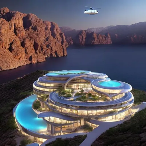 Prompt: Creat organic and futuristic and iconic design of a large hotel that climes a mountain in Neom and blends completely with the environment with helicopter landing swimming pools. The design of the building has vertical masses that and is completely embedded into the mountain 