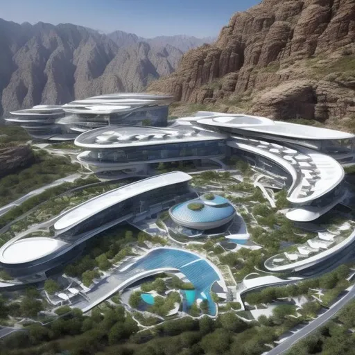 Prompt: Creat an iconic and futuristic design of a large resort that climes up a mountain in Neom and blends completely with the environment. The design of the building is complex and displays engineering marvel 