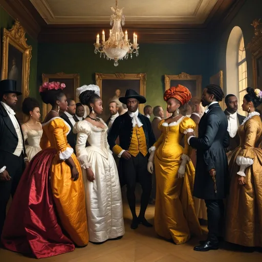 Prompt: A COLORFUL image of African Americans and European humans mingling in a room dressed in elegant formal clothing. Please make the image in the style of the great artist Rembrandt and Dutch baroque art. Autoeroticism refers to the practice of achieving pleasure or arousal through self-stimulation, in the style of Dutch baroque art.