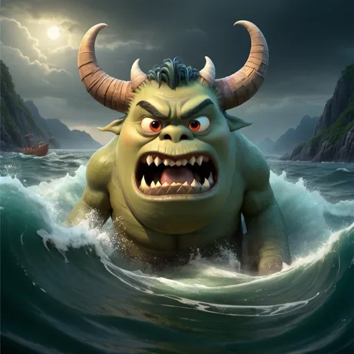 Prompt: Art cartoon for children. 
Scene 1: Introduction of Nian

Image: A menacing depiction of the monster Nian emerging from the sea with sharp horns, creating a sense of fear and foreboding among the villagers.