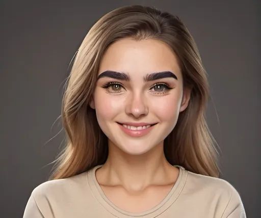 Prompt: Woman, young, Caucasian, big cheeks, thick eyebrows, light brown eyes, wearing a beige outfit, Russian, realistic, smiling, Round face,Round face.