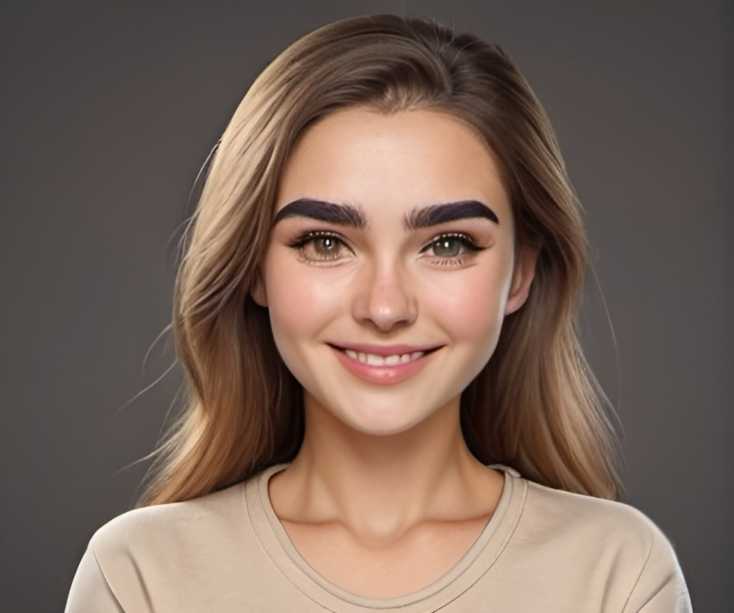 Prompt: Woman, young, Caucasian, big cheeks, thick eyebrows, light brown eyes, wearing a beige outfit, Russian, realistic, smiling, Round face,Round face.