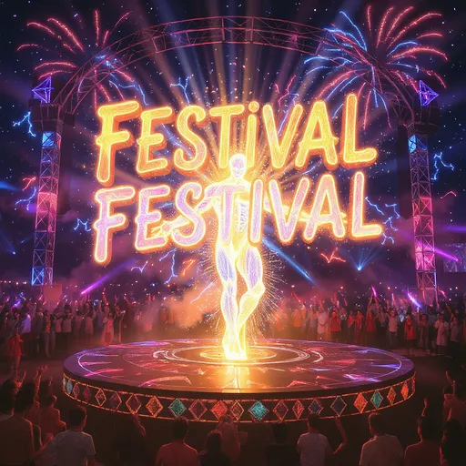 Prompt: Write the song title “ festival festival “ across this image in a exciting styled font that pops out easily and is abstract and very creative add fireworks around the words that present Latin colors, please 