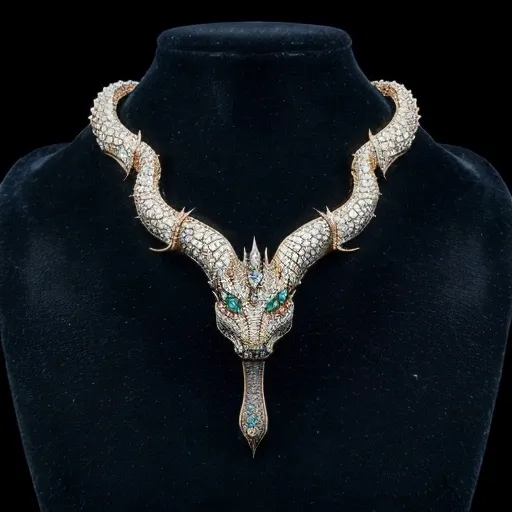 Prompt: Metallic jewelry dragons head with diamonds